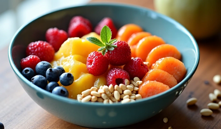Un colorido tazón de desayuno con frutas frescas y nueces, brillante y fresco.