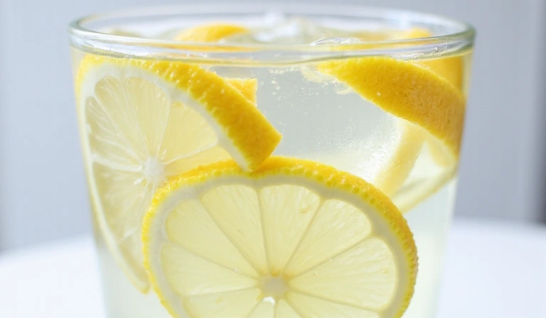 Un vaso de agua con rodajas de limón, refrescante y claro.