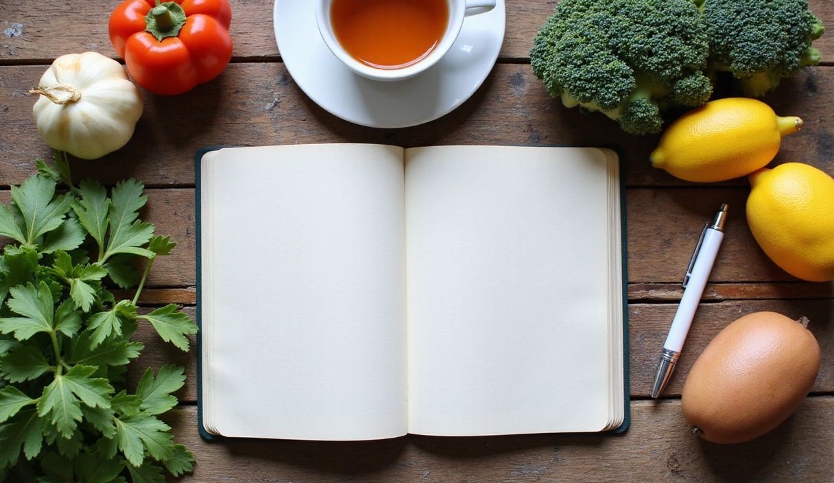 Una vista superior de un cuaderno abierto con ingredientes saludables, una pluma y una taza de té sobre una mesa de madera, creando un ambiente acogedor.