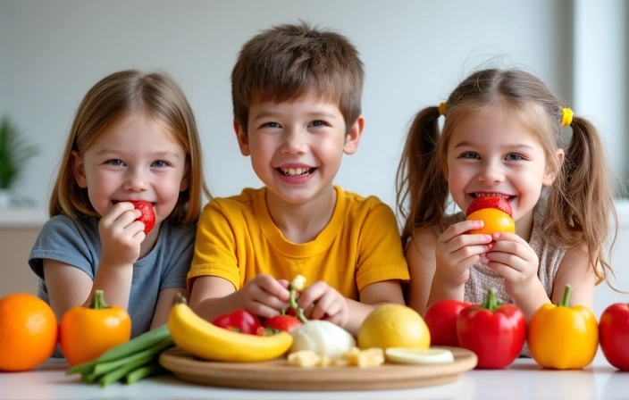 Niños comiendo frutas y verduras felices