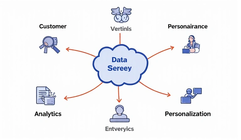 Gráfico que muestra diferentes usos de datos, como servicio al cliente, análisis y personalización.