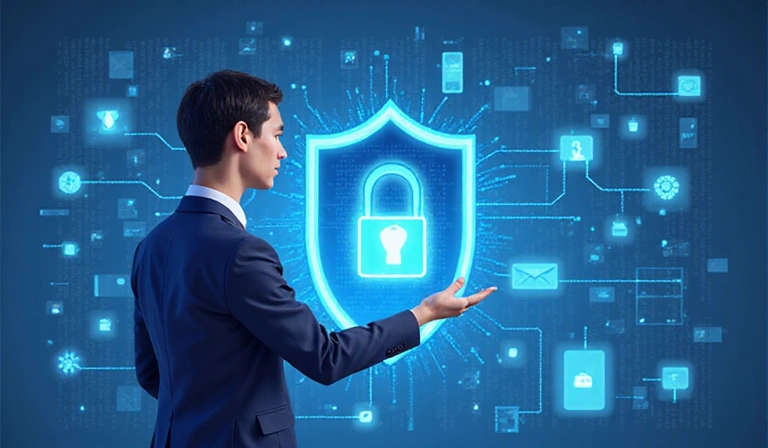 Ilustración de una persona protegiendo sus datos digitales, simbolizando la privacidad.