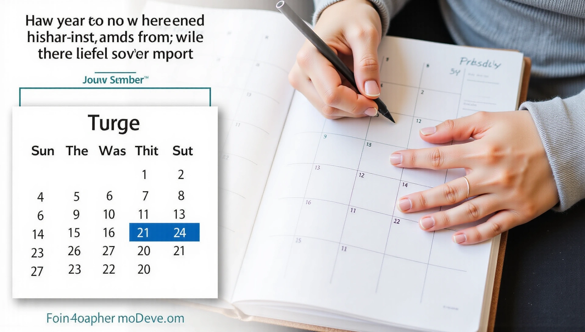 Calendario con fecha marcada, persona escribiendo en una agenda, organizado y esperanzado