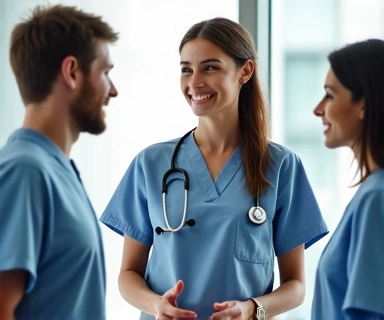 Grupo de nutricionistas profesionales discutiendo un caso en un entorno clínico moderno
