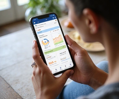 Persona usando una aplicación de seguimiento de nutrición en un teléfono inteligente, con gráficos de progreso