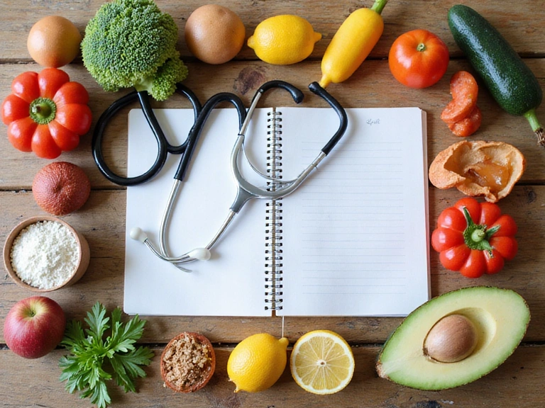 Diferentes alimentos colocados en un escritorio junto a un estetoscopio y un cuaderno, simbolizando nutrición para condiciones de salud