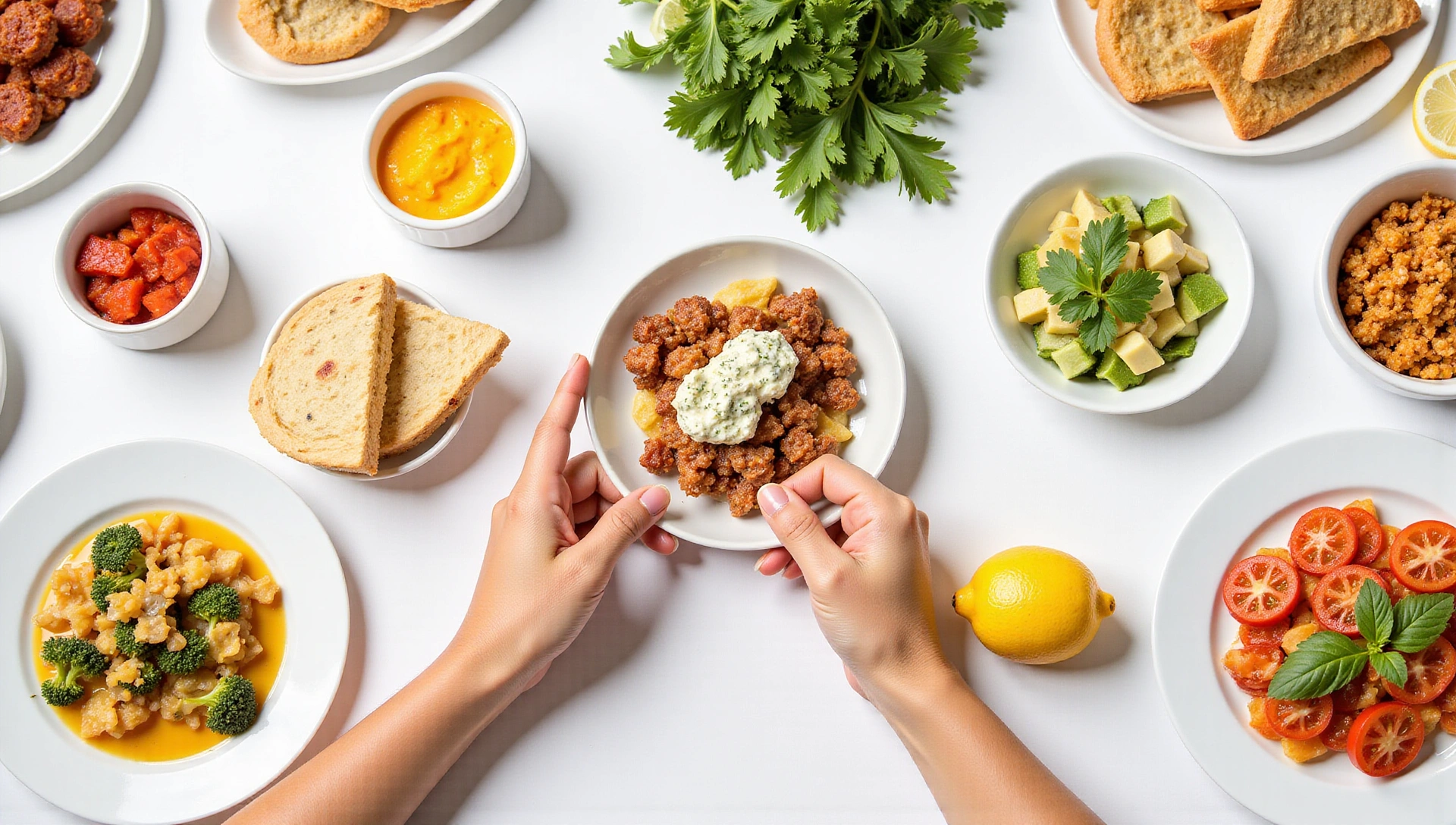 Diversas opciones de alimentos saludables arregladas estéticamente, una persona eligiendo ingredientes pensativamente, brillante y limpio