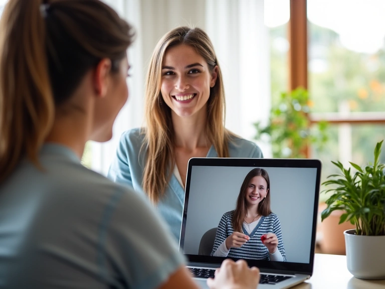 Mujer joven sonriendo mientras realiza una videollamada de consulta nutricional en su portátil, en un ambiente luminoso y moderno