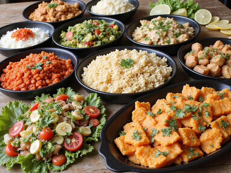 Variedad de platos saludables y coloridos, preparados con ingredientes frescos, mostrando opciones de dieta personalizada